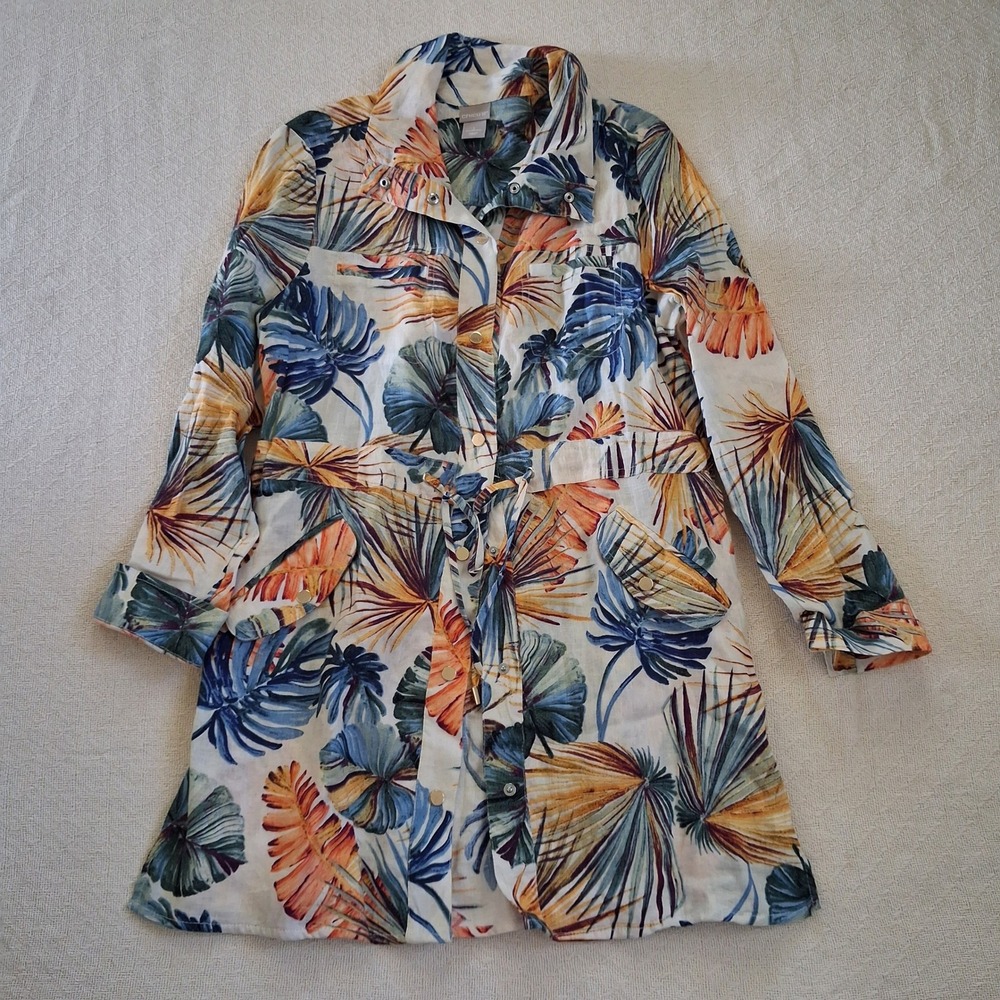 chicos linen palm print utility jacket coastal beach summer medium 8 minimalist